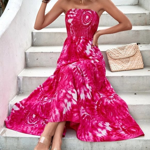 Boho Allover Print Shirred Detail Ruffle Hem Tube Dress - Picture 1 of 5